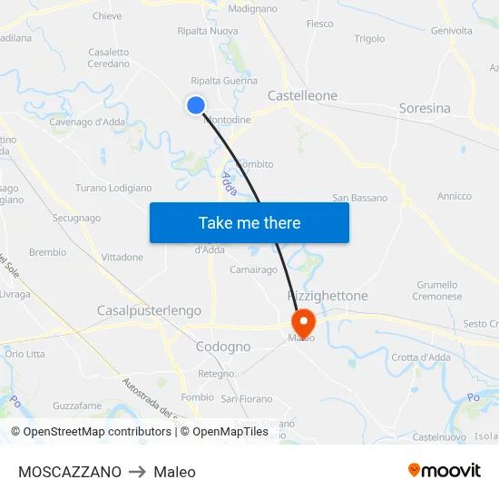 Moscazzano to Maleo map
