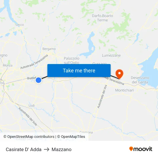 Casirate d'Adda to Mazzano map