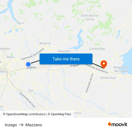 Inzago to Mazzano map