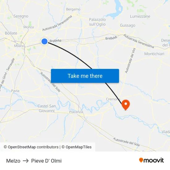 Melzo to Pieve D' Olmi map