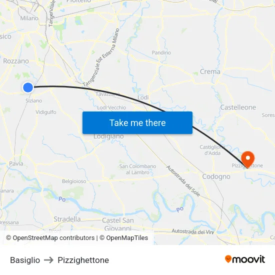 Basiglio to Pizzighettone map