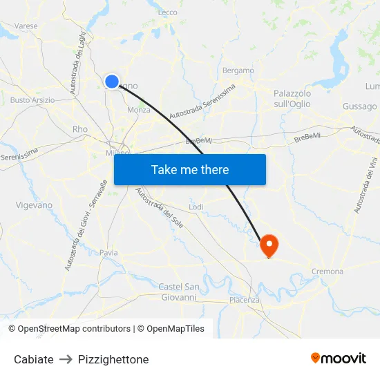 Cabiate to Pizzighettone map