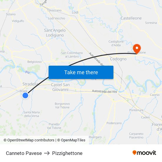 Canneto Pavese to Pizzighettone map