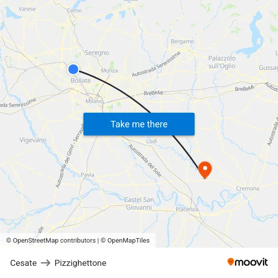 Cesate to Pizzighettone map