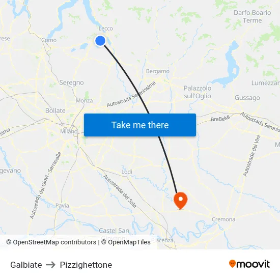 Galbiate to Pizzighettone map
