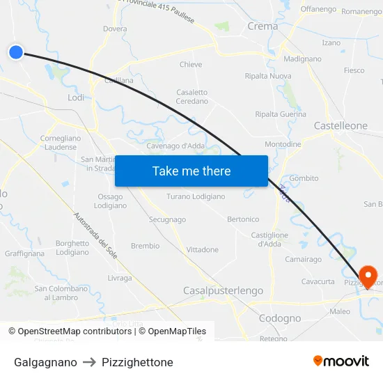 Galgagnano to Pizzighettone map