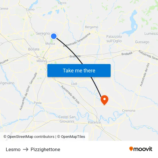 Lesmo to Pizzighettone map