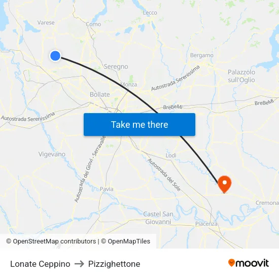 Lonate Ceppino to Pizzighettone map