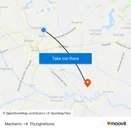 Macherio to Pizzighettone map