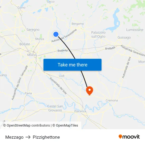 Mezzago to Pizzighettone map