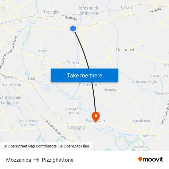 Mozzanica to Pizzighettone map