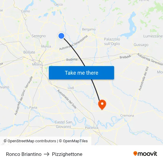 Ronco Briantino to Pizzighettone map