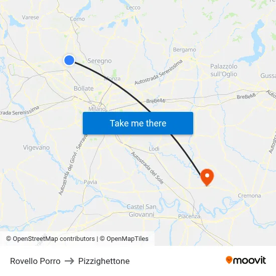 Rovello Porro to Pizzighettone map