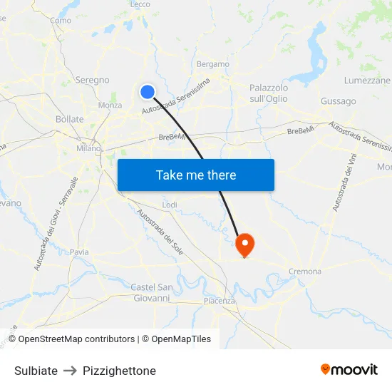 Sulbiate to Pizzighettone map