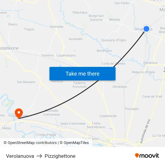 Verolanuova to Pizzighettone map