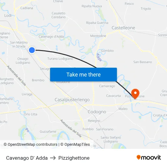 Cavenago D' Adda to Pizzighettone map