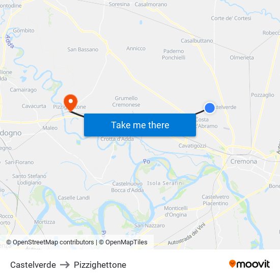 Castelverde to Pizzighettone map
