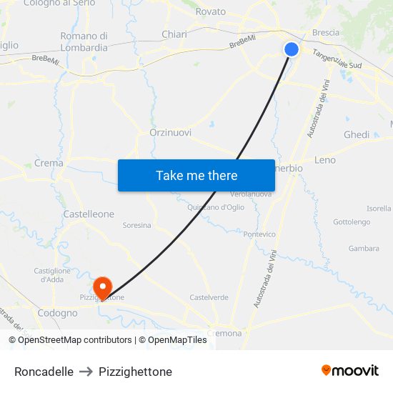 Roncadelle to Pizzighettone map