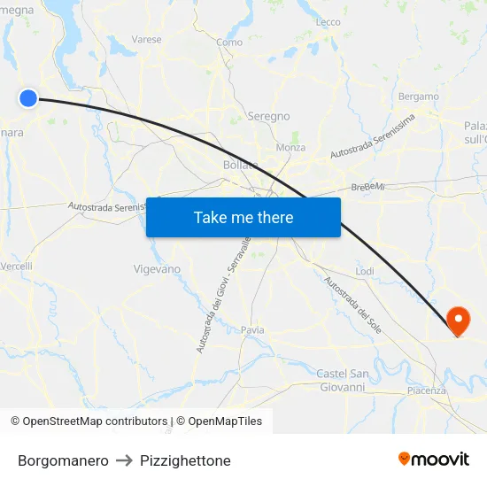 Borgomanero to Pizzighettone map