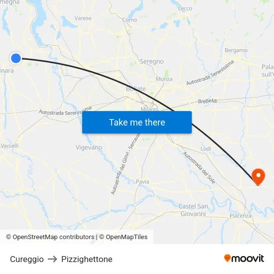 Cureggio to Pizzighettone map