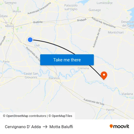 Cervignano D' Adda to Motta Baluffi map