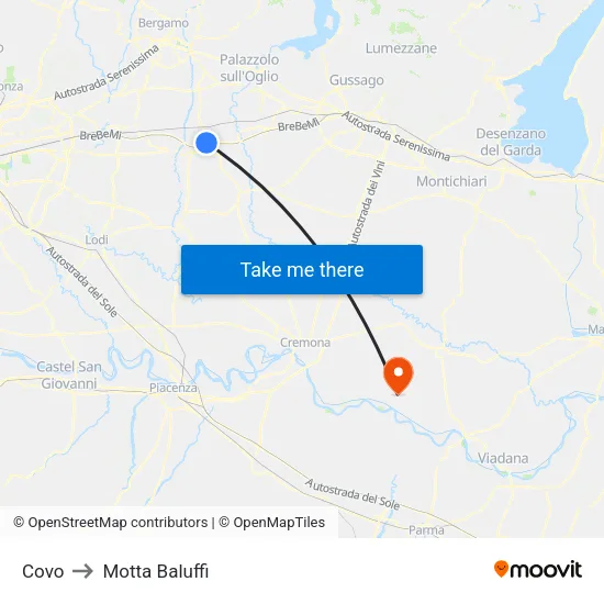 Covo to Motta Baluffi map