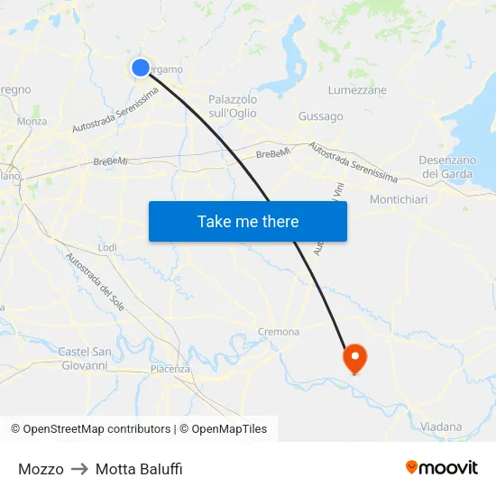 Mozzo to Motta Baluffi map