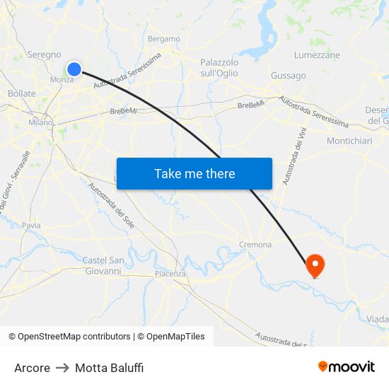 Arcore to Motta Baluffi map