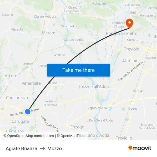 Agrate Brianza to Mozzo map