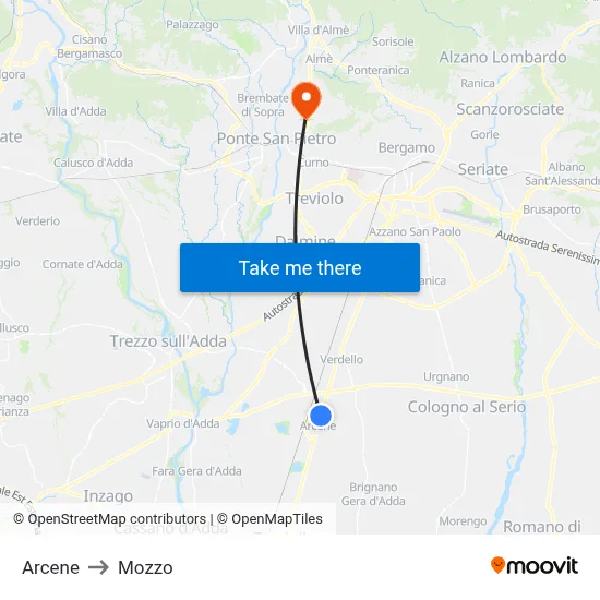 Arcene to Mozzo map