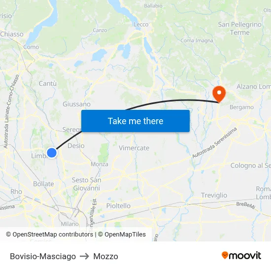 Bovisio-Masciago to Mozzo map