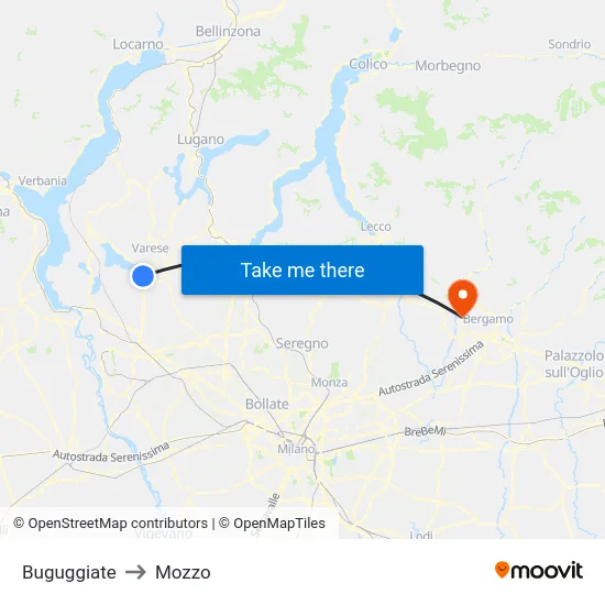 Buguggiate to Mozzo map