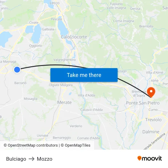 Bulciago to Mozzo map