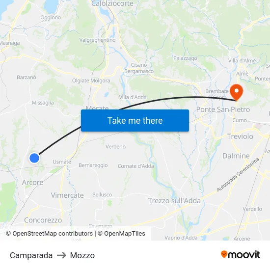 Camparada to Mozzo map