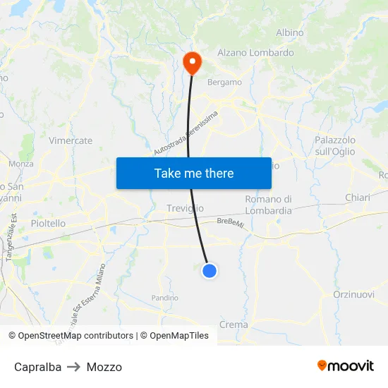 Capralba to Mozzo map