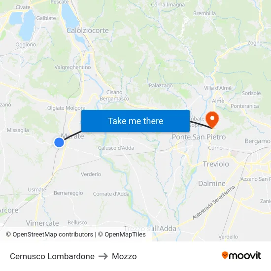 Cernusco Lombardone to Mozzo map