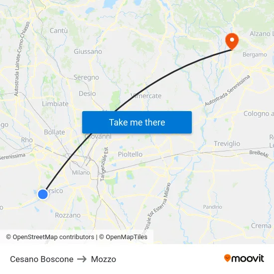 Cesano Boscone to Mozzo map