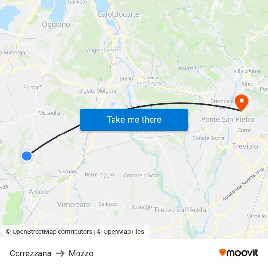 Correzzana to Mozzo map