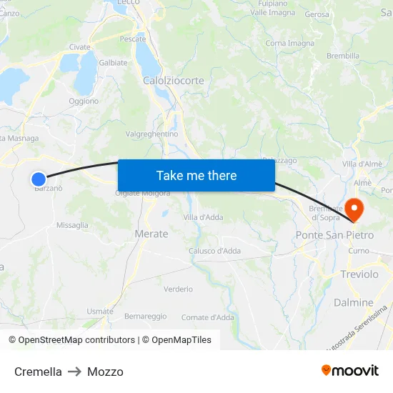 Cremella to Mozzo map