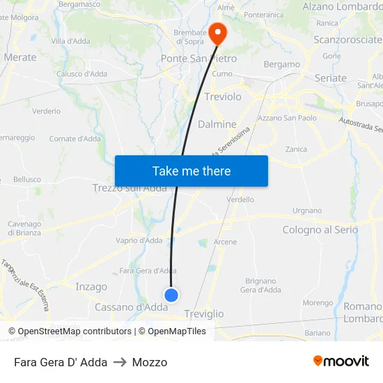 Fara Gera D' Adda to Mozzo map