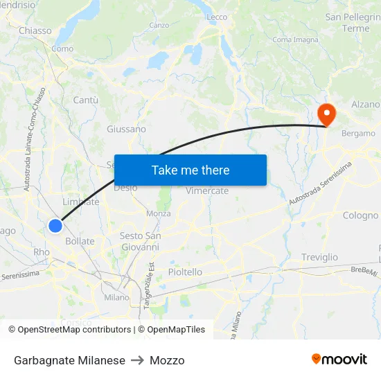 Garbagnate Milanese to Mozzo map