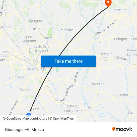 Giussago to Mozzo map