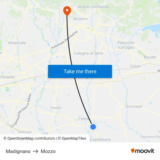Madignano to Mozzo map