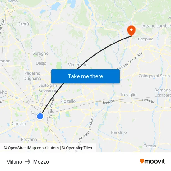 Milan to Mozzo map