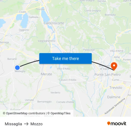 Missaglia to Mozzo map