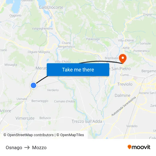 Osnago to Mozzo map