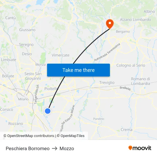 Peschiera Borromeo to Mozzo map