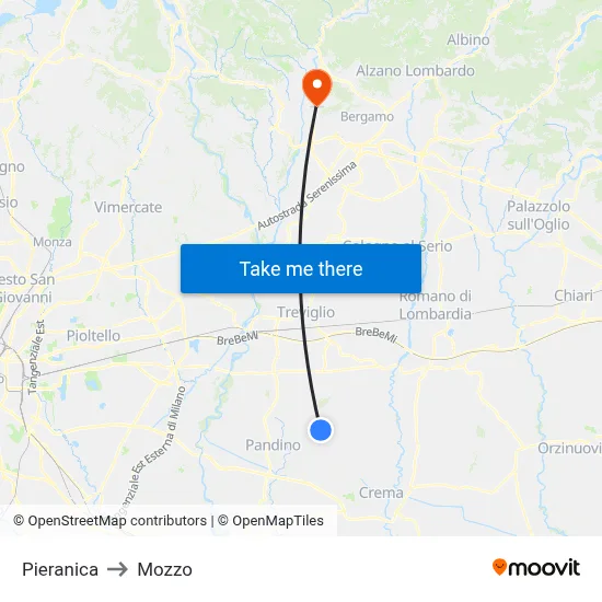 Pieranica to Mozzo map
