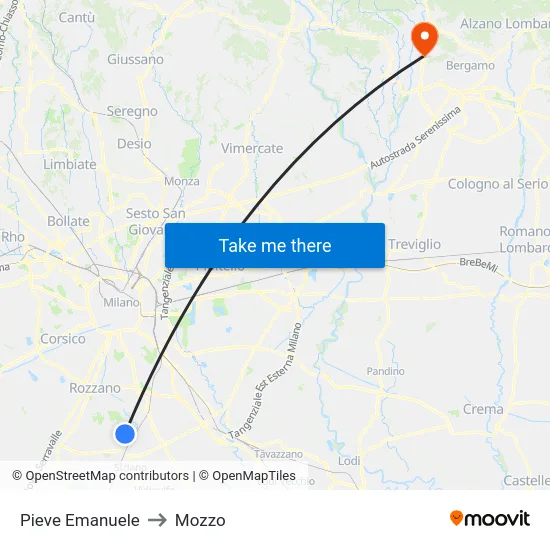 Pieve Emanuele to Mozzo map