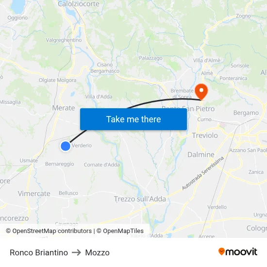 Ronco Briantino to Mozzo map